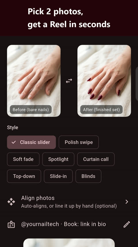The create screen: pick photos, style and your handle